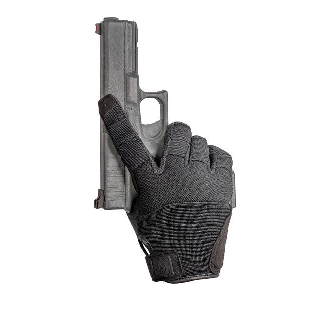 PIG FDT Alpha Gloves Gen 2 Black tactical shooting gloves worn during live fire training highlighting precision trigger control and single layer palm grip