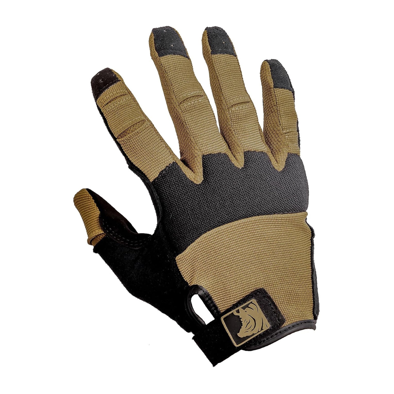 PIG FDT Alpha Gloves Gen 2 Coyote tactical shooting gloves featuring single layer palm construction, touchscreen compatible trigger finger, and stretch ballistic nylon knuckle padding