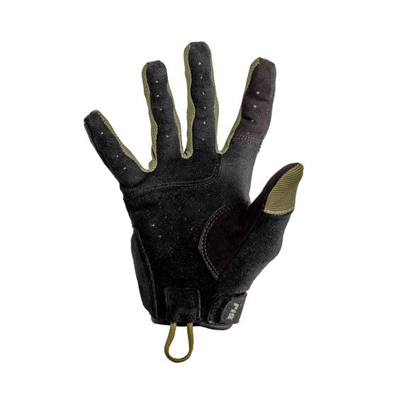 Full palm view of PIG FDT Alpha Gloves Gen 2 Ranger Green tactical shooting gloves showing single layer palm construction and sensitized Clarino trigger finger for enhanced trigger control