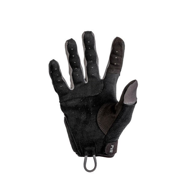 Full palm view of PIG FDT Alpha Gloves Gen 2 Wolf Grey tactical shooting gloves highlighting single layer palm construction and sensitized Clarino trigger finger