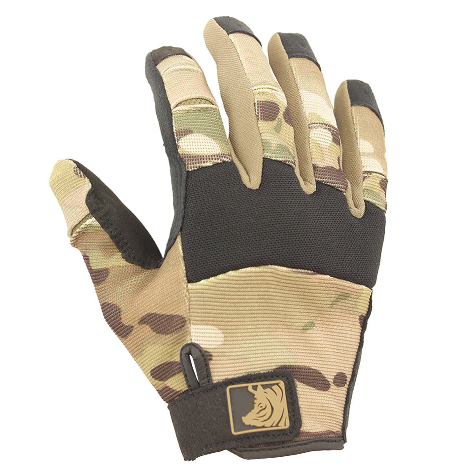 PIG FDT Alpha Gloves in Multicam tactical shooting gloves front view showing breathable finger panels, light knuckle padding, and low profile hook closure