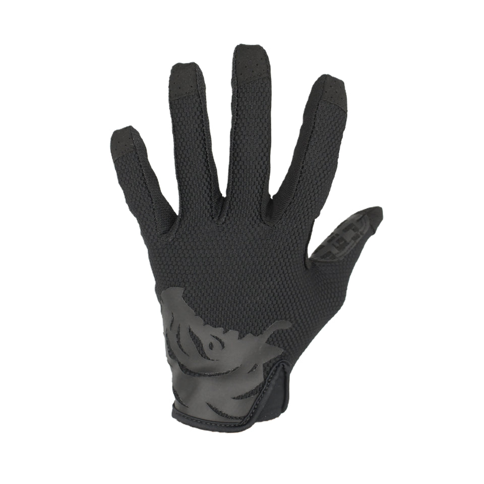 Back of hand view of the PIG FDT HADES Hot Weather Glove in Black featuring a breathable mesh upper and lightweight tactical shooting glove construction.