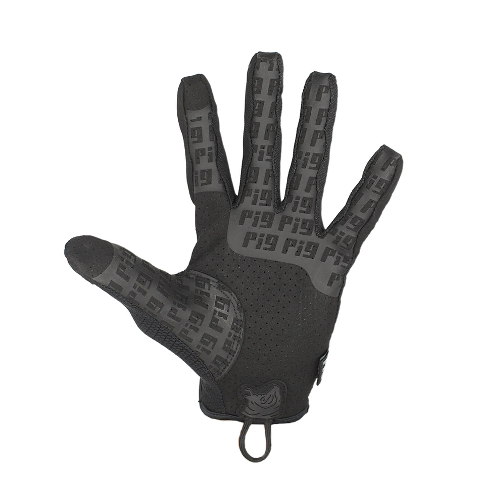 Palm view of the PIG FDT HADES Hot Weather Glove in Black highlighting the perforated single-layer palm, touchscreen-compatible fingertips, and high-dexterity grip.