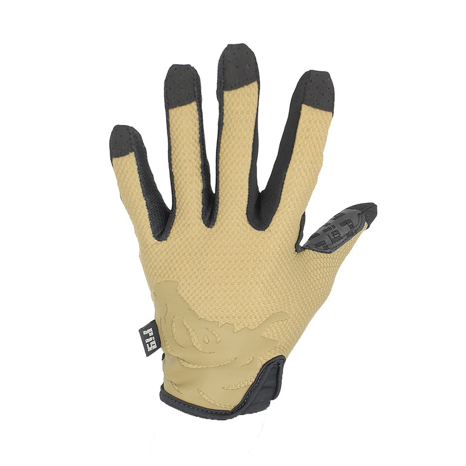 Back of hand view of the PIG FDT HADES Hot Weather Glove in Coyote featuring a breathable mesh upper and lightweight tactical glove construction.