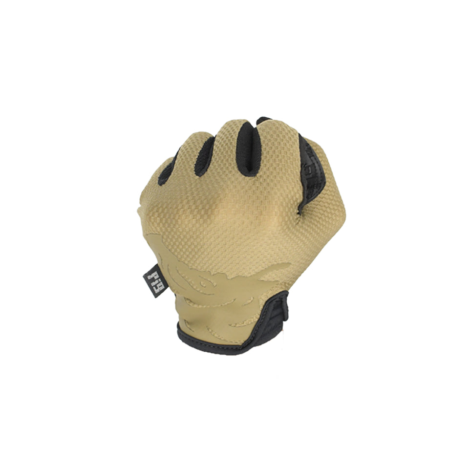 Back-of-hand closed fist view of the PIG FDT HADES Hot Weather Glove in Coyote showcasing the breathable mesh upper, flexible knuckle construction, and lightweight tactical shooting glove design.
