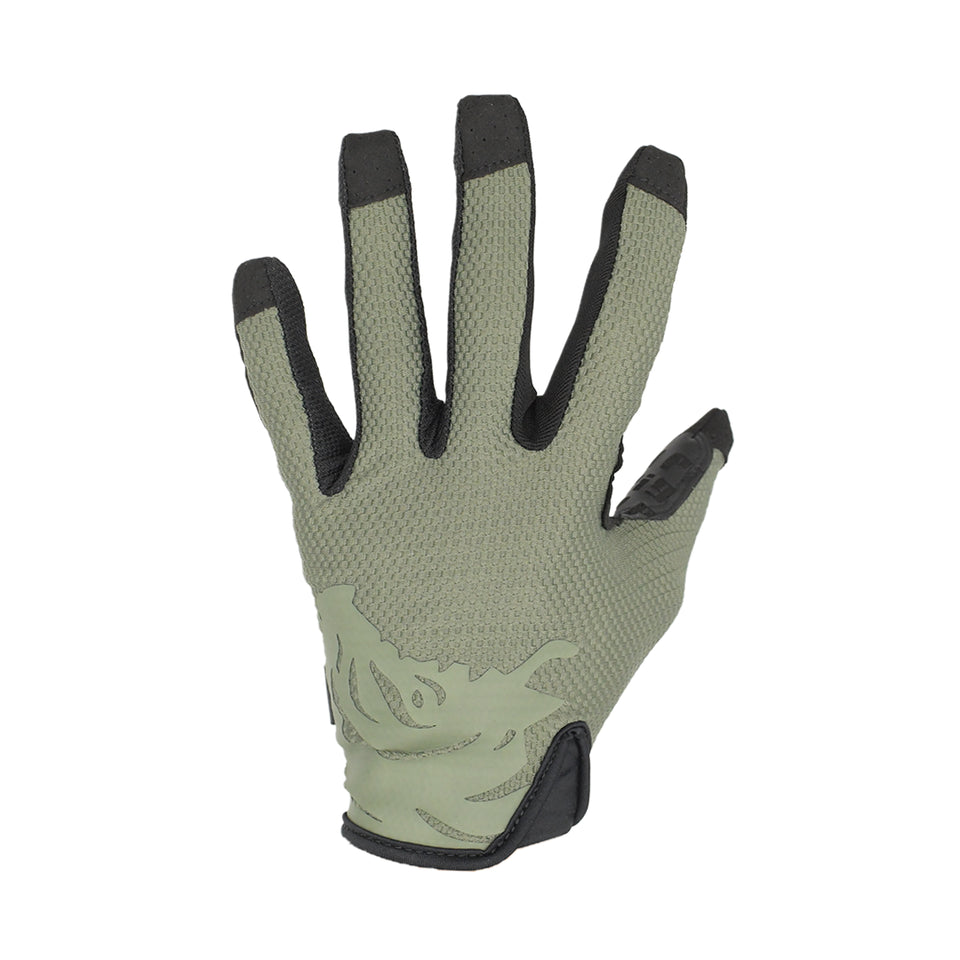 Back of hand view of the PIG FDT HADES Hot Weather Glove in Ranger Green featuring a ventilated mesh upper and lightweight tactical shooting glove design.