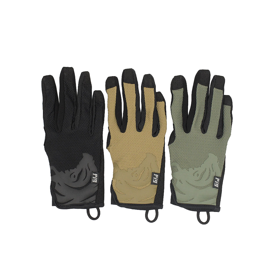 PIG FDT HADES Hot Weather Gloves displayed in Black, Coyote, and Ranger Green colorways, featuring breathable mesh construction and high-dexterity shooting glove performance.