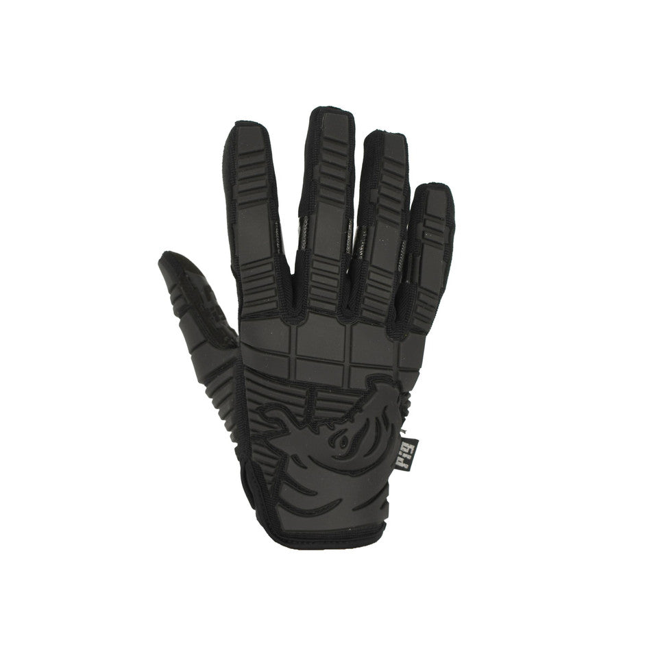 Back of hand view of the PIG FDT OPFOR Glove in Black featuring molded TRP knuckle protection and a high-dexterity tactical shooting glove design.