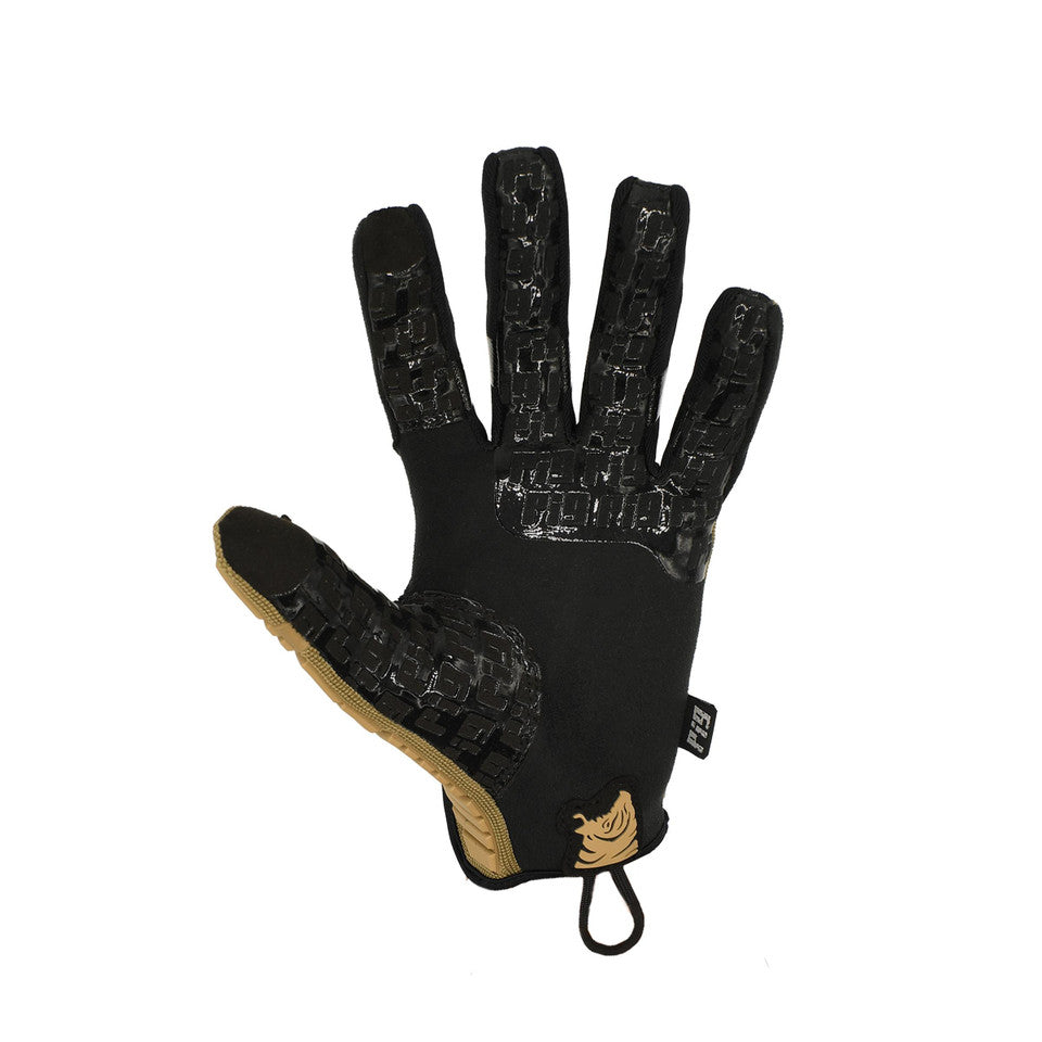 Palm view of the PIG FDT OPFOR Glove in Coyote highlighting the reinforced grip surface, touchscreen-compatible fingertips, and precision shooting glove design.