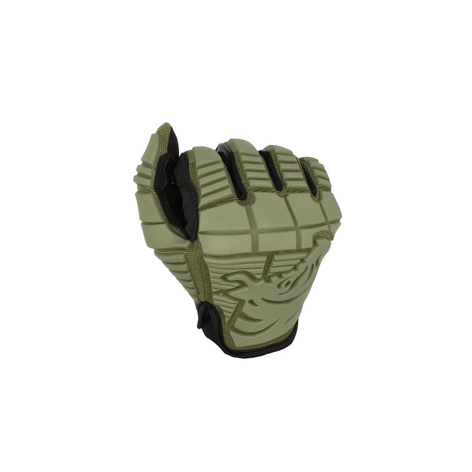 Closed fist view of the PIG FDT OPFOR Glove in Ranger Green showcasing the molded TRP back-of-hand protection and flexible tactical glove construction.