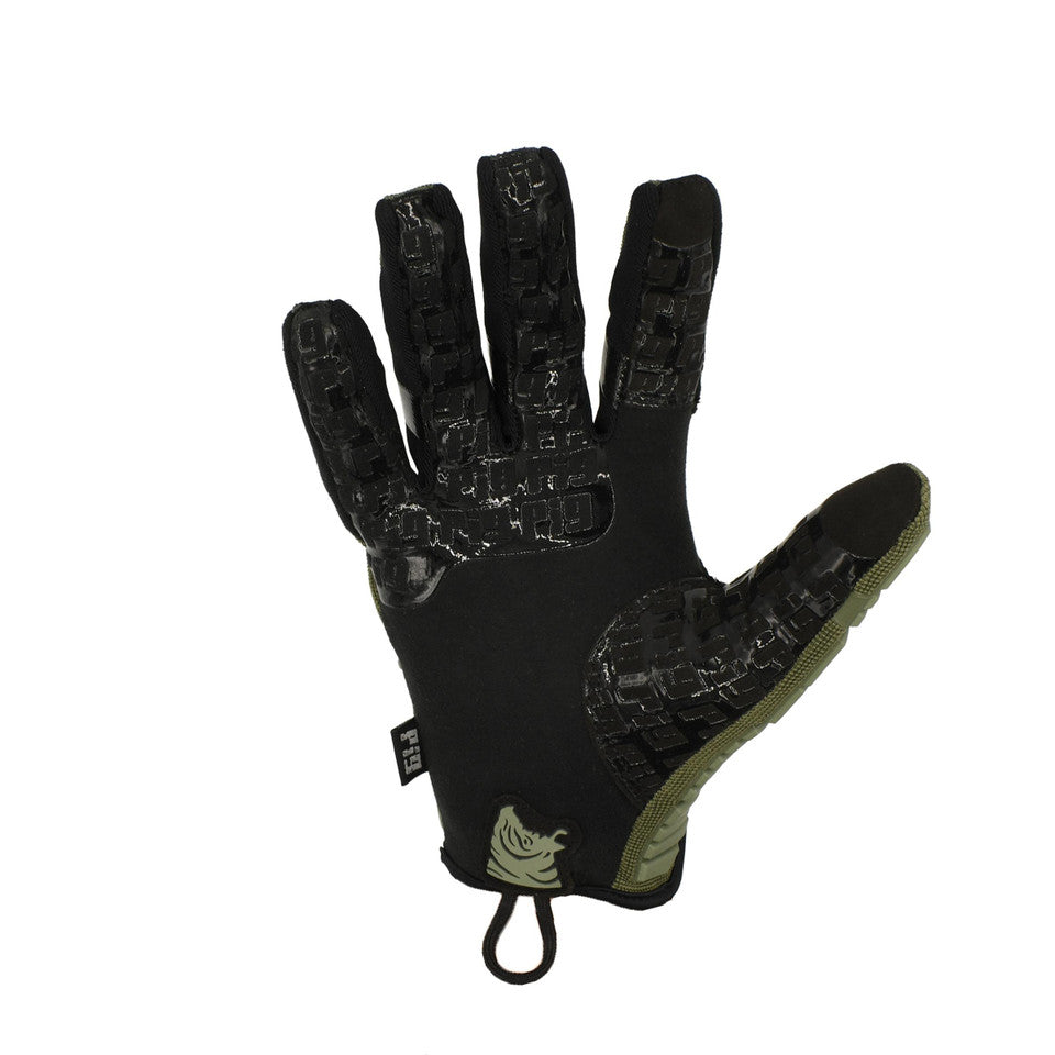 Palm view of the PIG FDT OPFOR Glove in Ranger Green highlighting the reinforced grip surface, touchscreen-compatible fingertips, and ergonomic shooting glove construction.