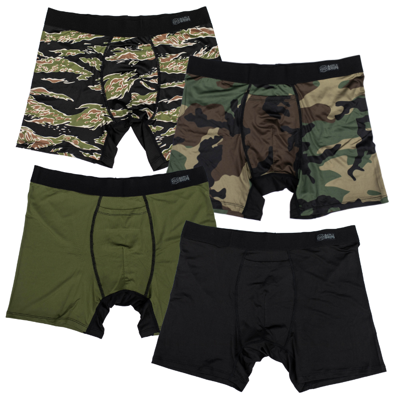 Showcasing different colorways of Battle Briefs Men’s Performance Boxer Briefs. Designed for everyday carry and high-performance tasks, these briefs feature moisture-wicking, quick-drying fabric and anti-microbial technology. Available in tactical colors and camo prints, perfect for active lifestyles and full-kit range days.