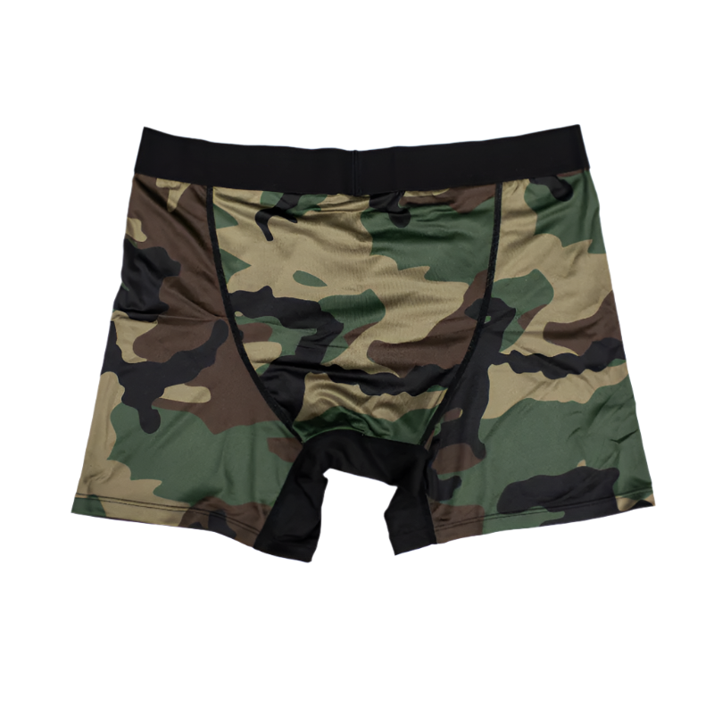 Back view of Battle Briefs men’s performance boxer briefs in M81 Woodland camo showing wrap-around leg panels and athletic fit construction.