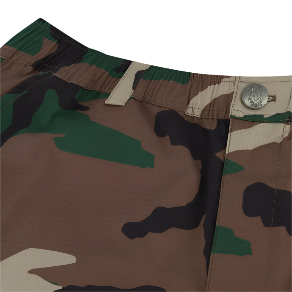Limited edition QILO x WRMFZY EDC Mk. II Shorts in M81 Woodland with embossed collab logo button