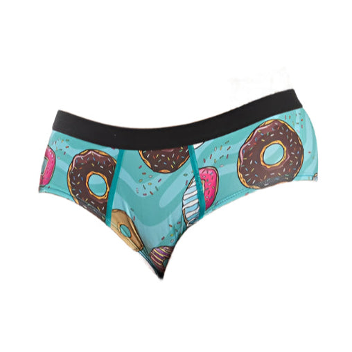 Front view of the Q x Dirty Dozen Donut Women’s Battle Briefs featuring a vibrant donut print and athletic no-ride fit, made with breathable, moisture-wicking stretch fabric for all-day performance.