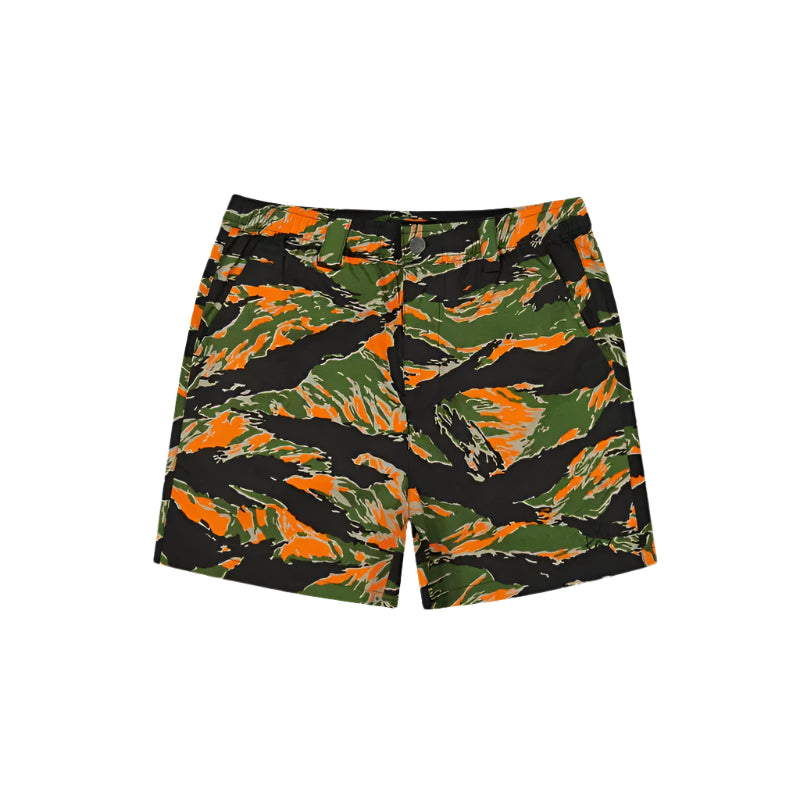 Front view of Tiger Stripe Camouflage shorts with green, blaze orange, and black pattern on a white background