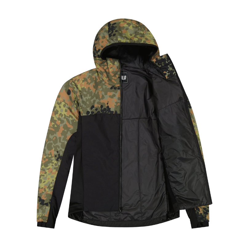Product image showing both the interior and exterior of the Qilo Ostwind Insulated Mid Layer Jacket, highlighting the 20D nylon shell, 80 gsm synthetic insulation, stretch fleece side panels, and internal routing features designed for cold weather mobility and tactical layering. Available from Tactical Distributors in Virginia Beach for U.S. tactical and outdoor performance use.