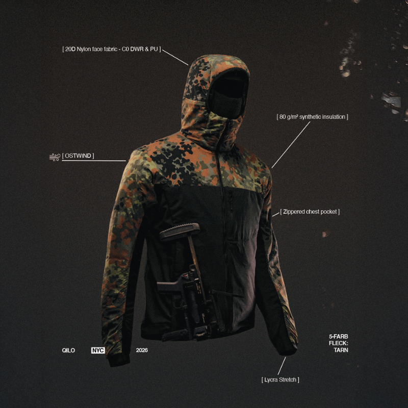 Graphic displaying the key specifications and features of the Qilo Ostwind Insulated Mid Layer Jacket, including 20D nylon shell with C0 DWR, 80 gsm synthetic insulation, stretch fleece side panels, Lycra cuffs, adjustable hood and waist, secure zip pockets, and internal cable routing. Created to highlight technical performance for Tactical Distributors customers across the United States.