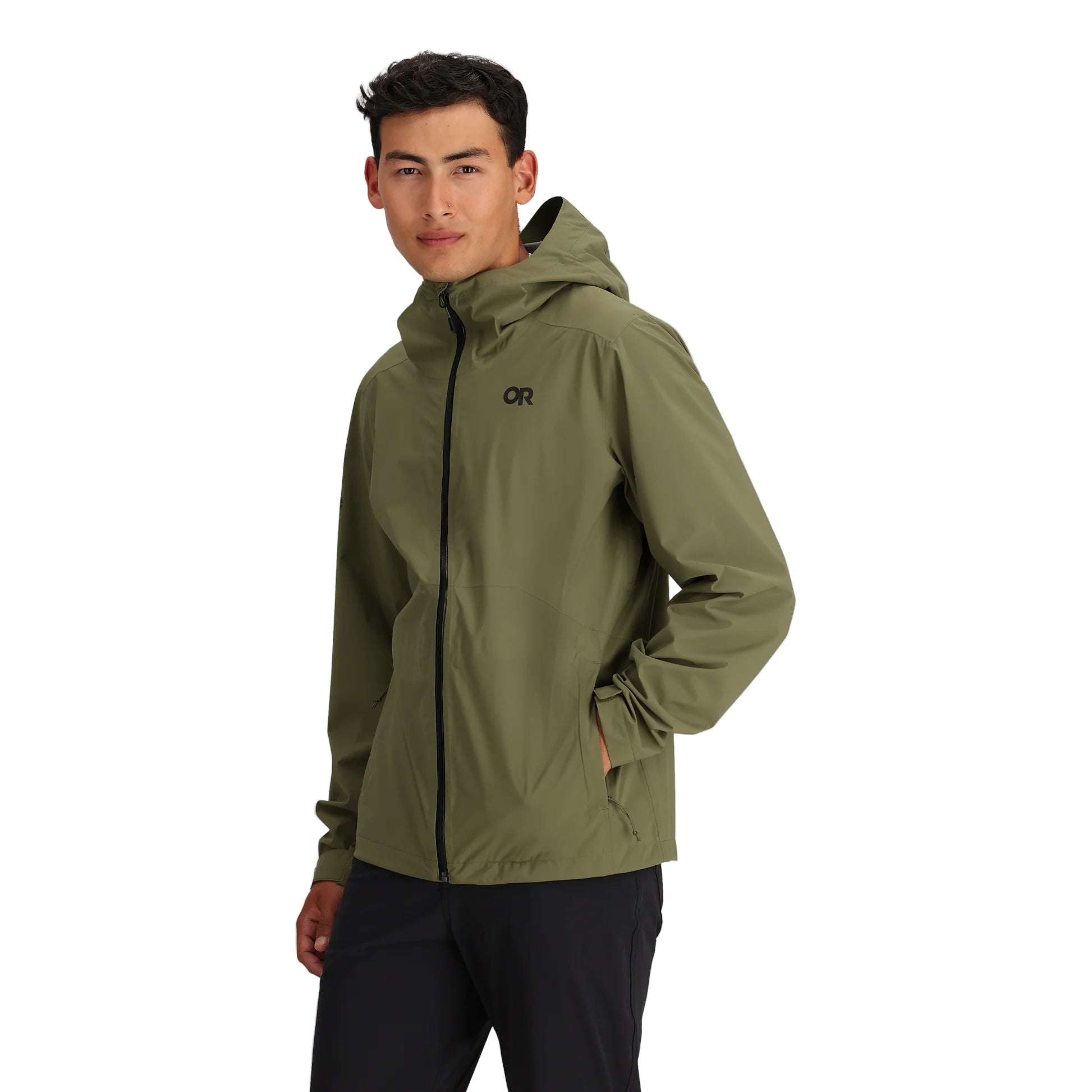 Three-quarter angle of the Stratoburst Rain Jacket in Ranger Green, highlighting pocket placement, clean profile, and low-bulk design perfect for tactical layering
