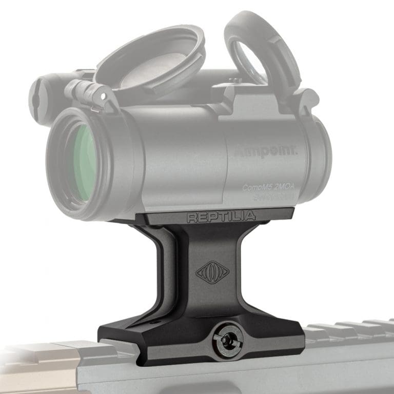 Reptilia DOT Mount 1.93 for Aimpoint Micro in Black installed on Picatinny rail supporting Aimpoint T2 red dot optic