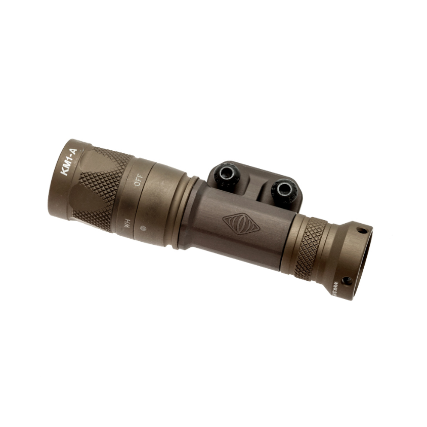 Product shot showing the Reptilia TORCH 3V/CR123 M-LOK Light Body securely holding a weapon light on a tactical rail. Machined from aircraft-grade billet aluminum with MIL-STD Type III hardcoat anodize for durability. Streamlined, snag-free design compatible with SureFire M300 Scout bezels and top-mounted aiming devices like ATPIAL and PEQ-15. Built for professional rifle setups.