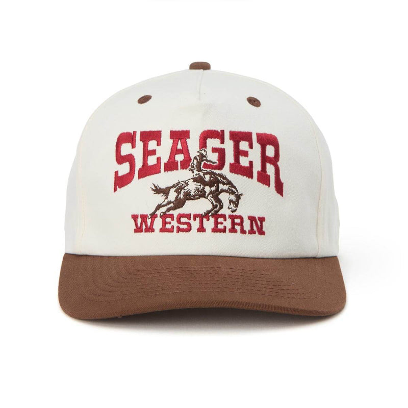 White and brown cap with 'Seager Western' logo on a white background