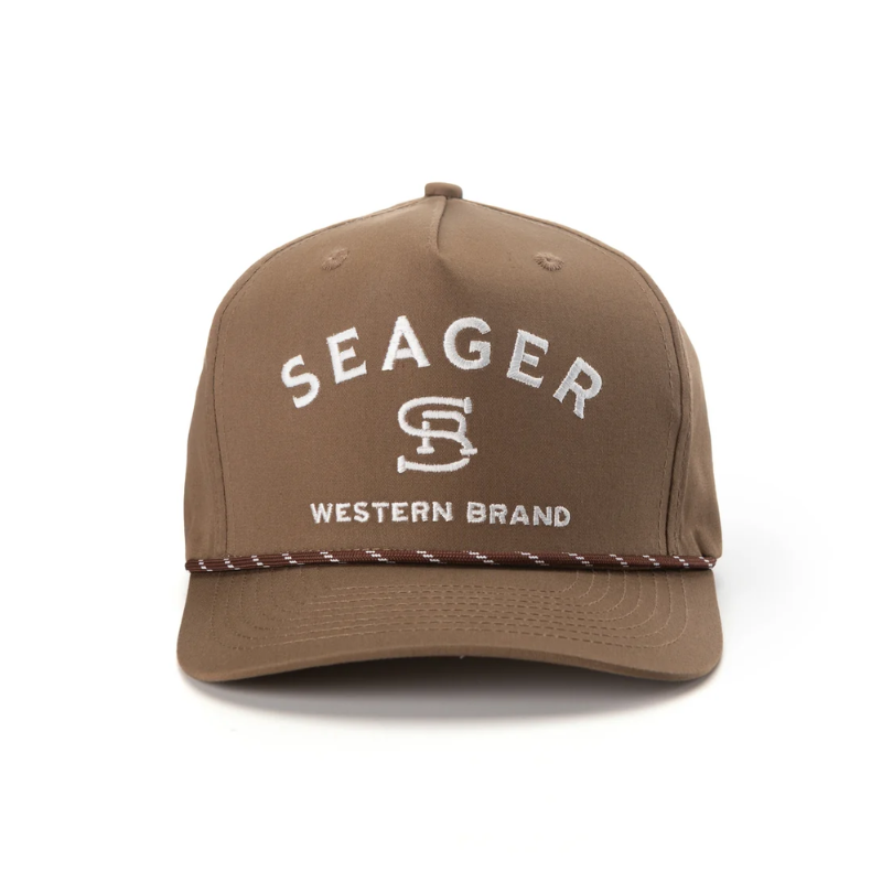 A brown baseball cap with white embroidered text reading 'SEAGER' and 'WESTERN BRAND' on the front, plus a rope detail across the brim, shown on a white background.