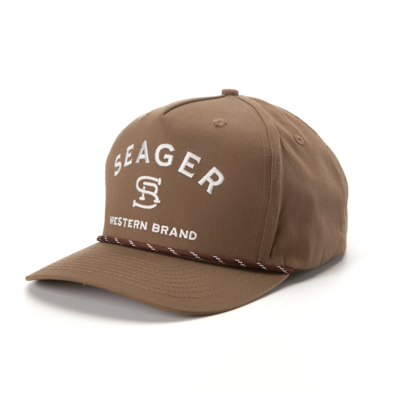 A brown Seager Western Brand snapback hat with white embroidered lettering and a brown braided rope detail across the brim, shown on a clean white background.