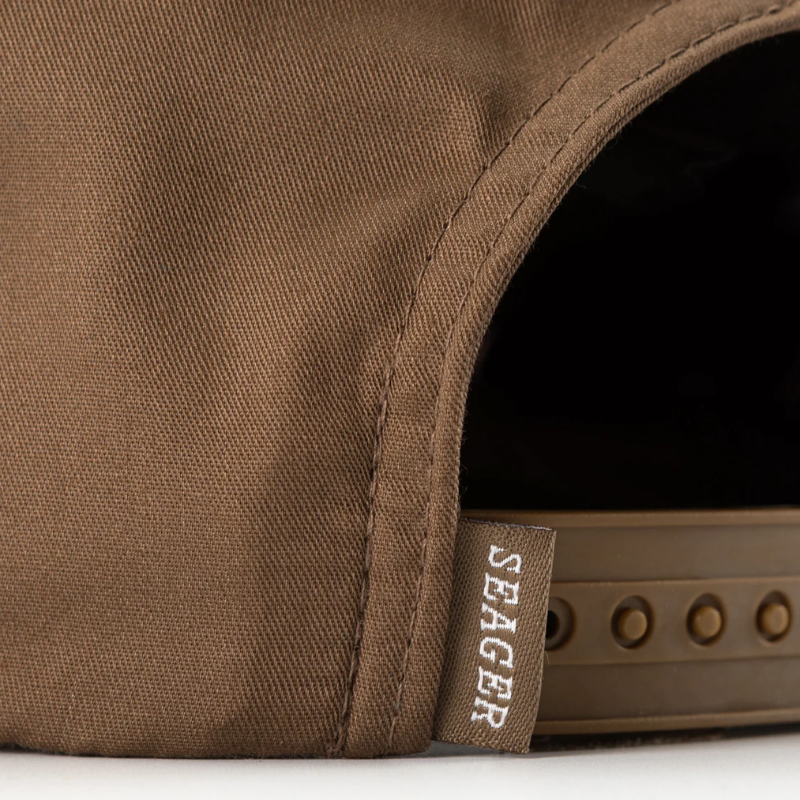 Brown cap with 'Seager' branding on a white background