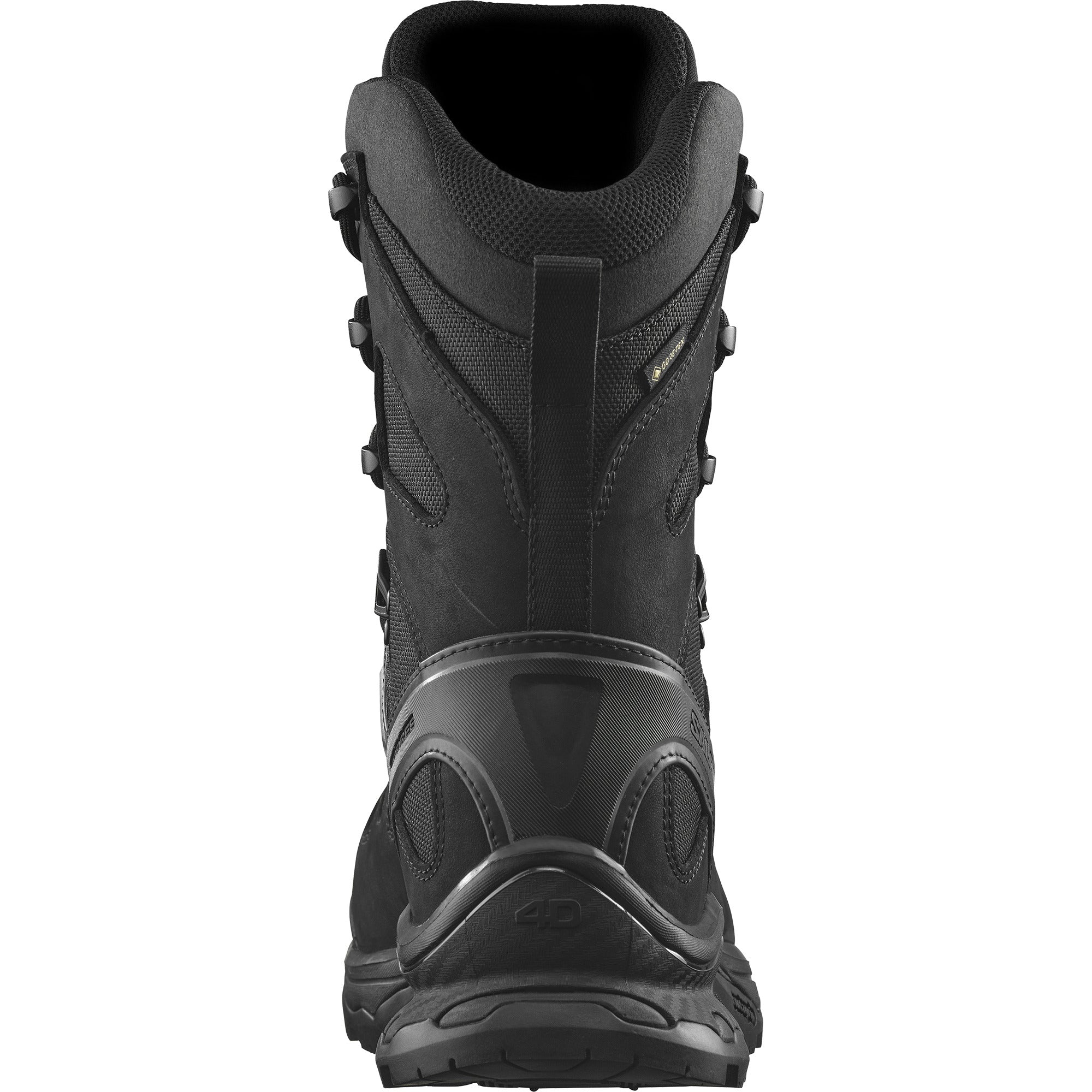 Back heel and ankle view of the Salomon FORCES Quest 4D 2 High GTX in Black showing the high cut support, reinforced heel structure, and waterproof GORE TEX tactical design built for military operations, rugged terrain patrols, extended rucking, and demanding field missions.