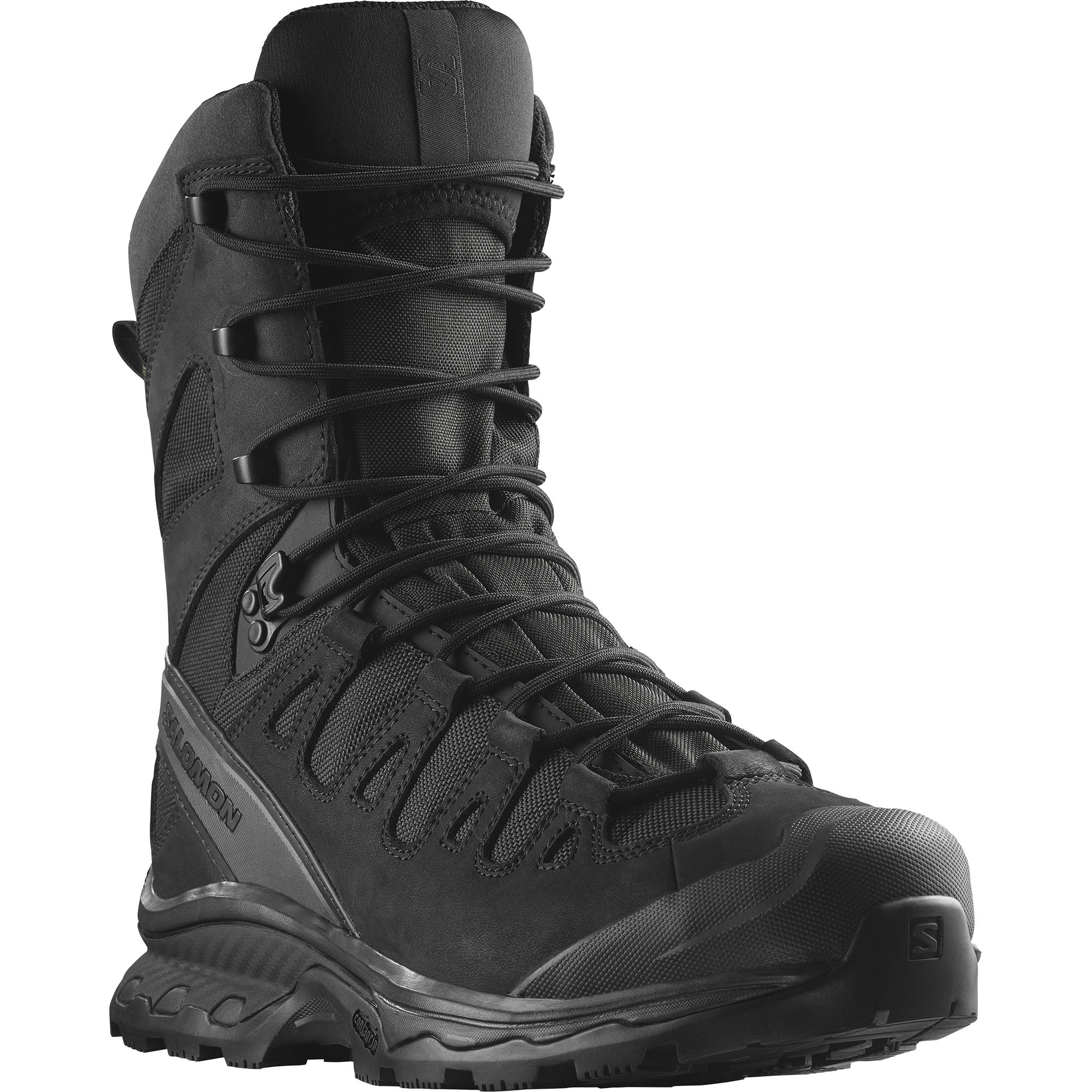 Front toe view of the Salomon FORCES Quest 4D 2 High GTX in Black showing the reinforced toe cap, durable tactical upper, and waterproof GORE TEX construction built for military operations, rugged mountain terrain, extended rucking, and high support field missions.
