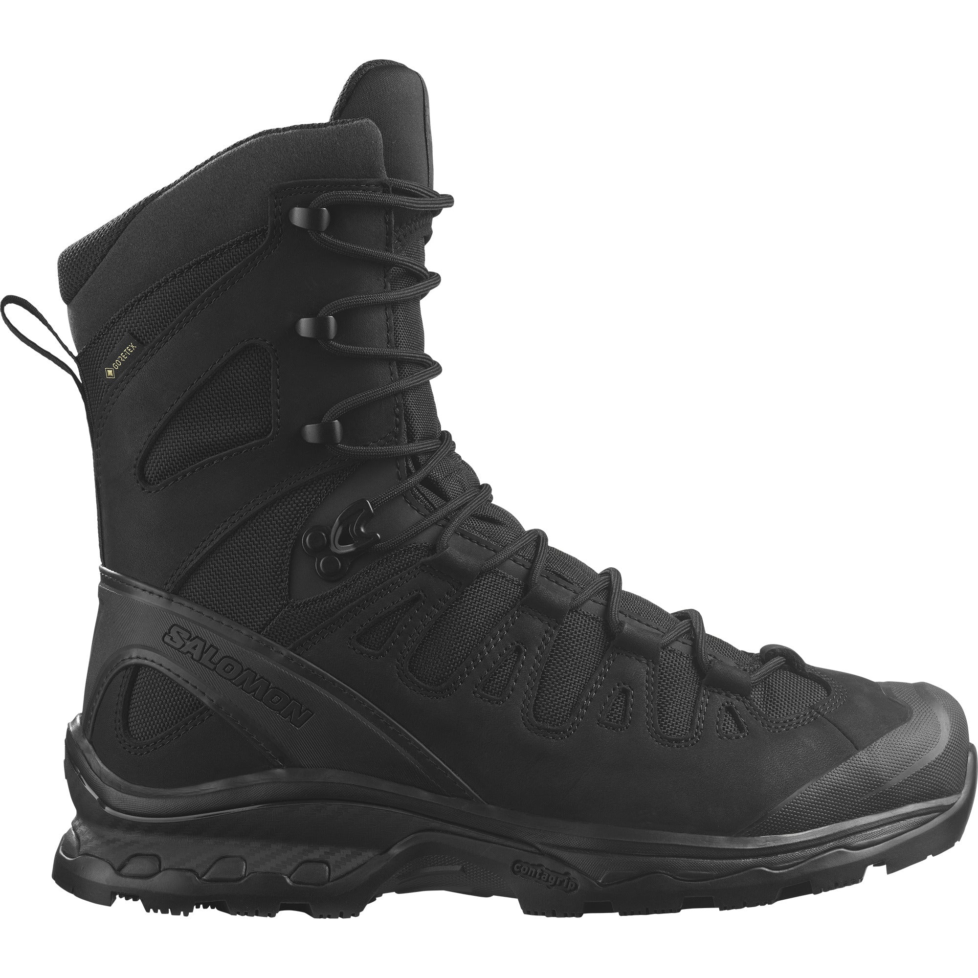 Product shot of the Salomon FORCES Quest 4D 2 High GTX in Black showing the waterproof GORE TEX tactical mountain boot with 4D Advanced Chassis stability designed for military operations, rugged terrain, extended rucking, and high support field use.