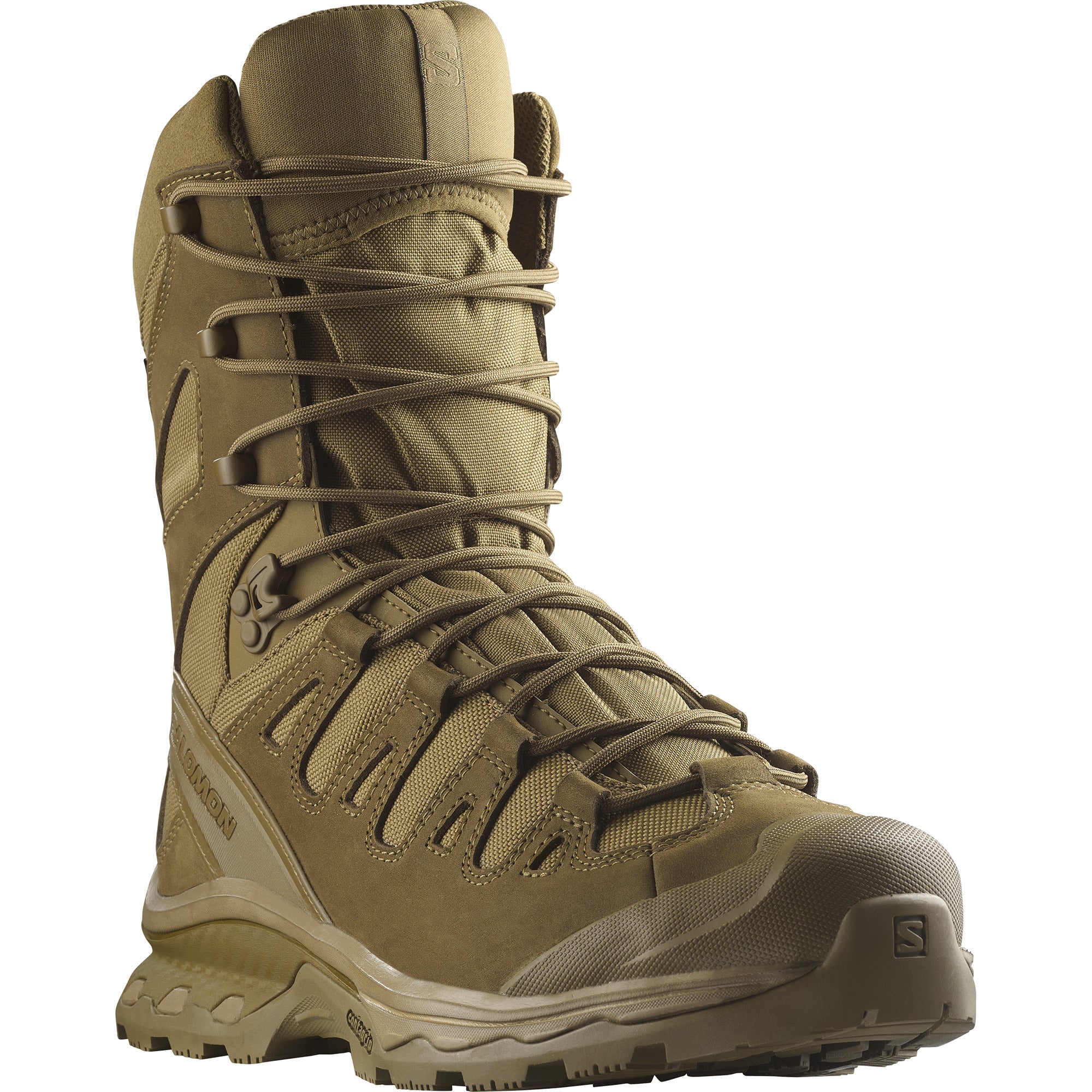 Front toe view of the Salomon FORCES Quest 4D 2 High GTX in Coyote showing the reinforced toe cap, durable tactical upper, and waterproof GORE TEX design built for military operations, rugged mountain terrain, extended rucking, and high support field missions.