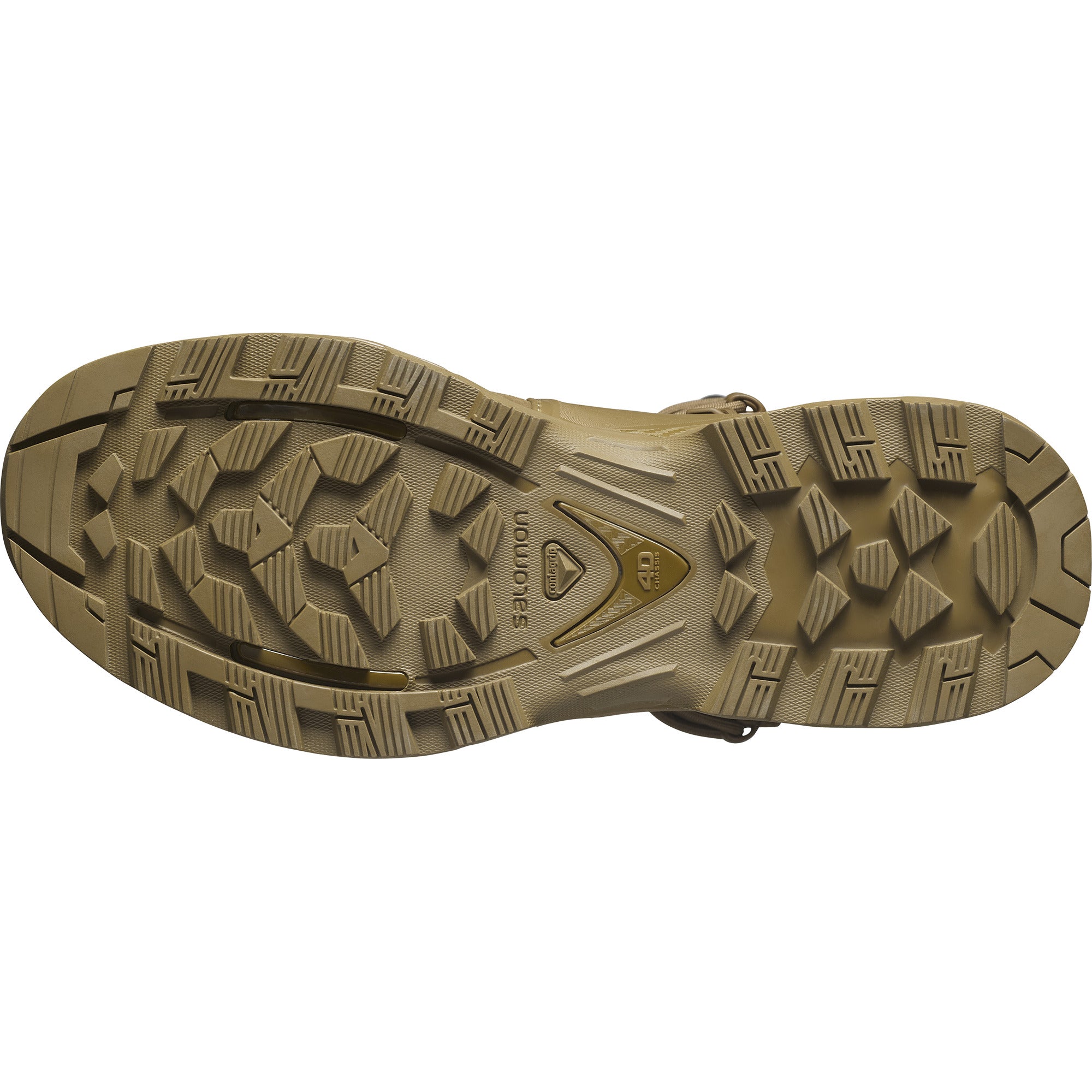 Outsole view of the Salomon FORCES Quest 4D 2 High GTX in Coyote showing the rugged rubber traction pattern engineered for military operations, mountain terrain, extended rucking, and high stability tactical movement.
