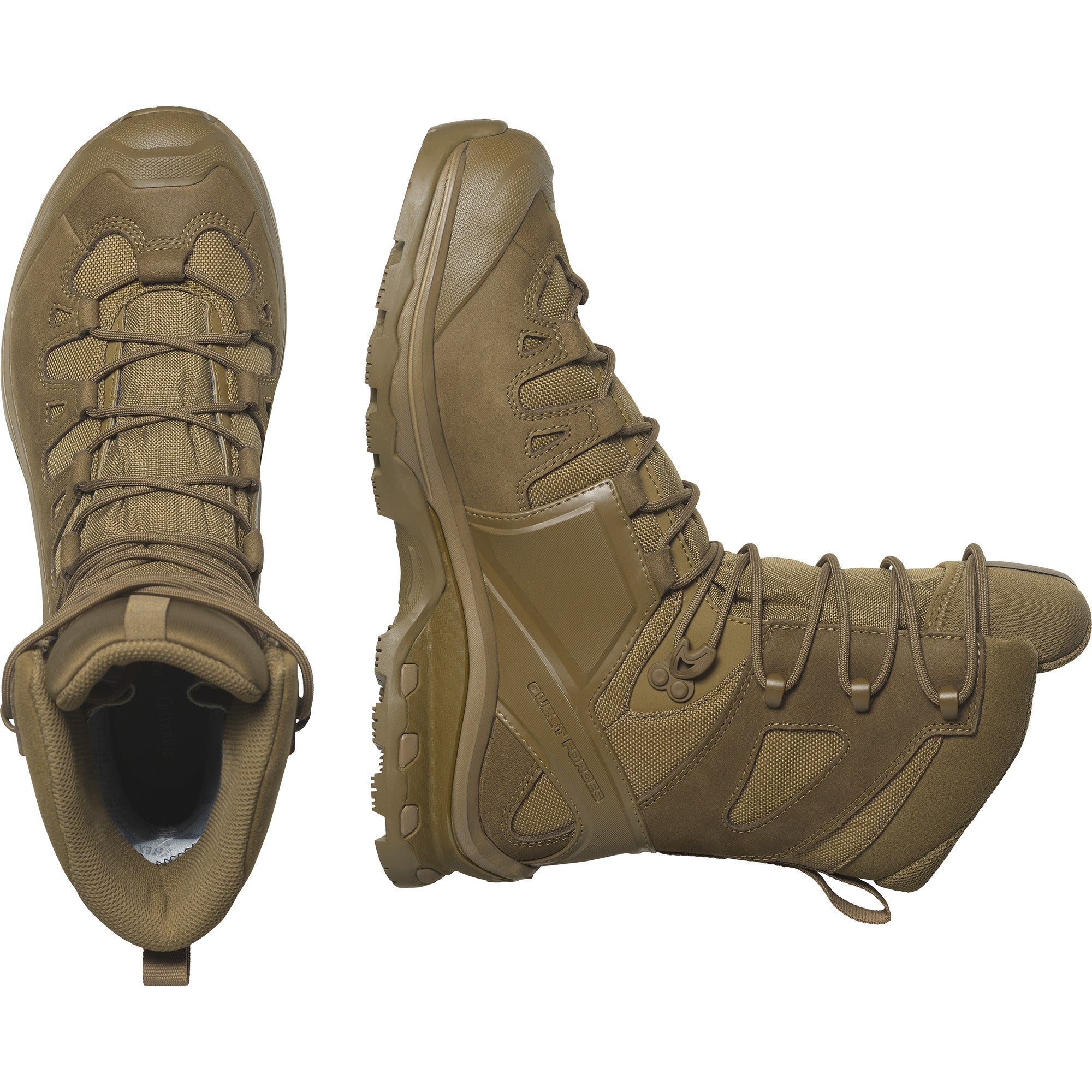 Pair view of the Salomon FORCES Quest 4D 2 High GTX in Coyote showing the waterproof GORE TEX construction, high cut support, and 4D Advanced Chassis stability built for military operations, rugged terrain patrols, extended rucking, and assault missions.