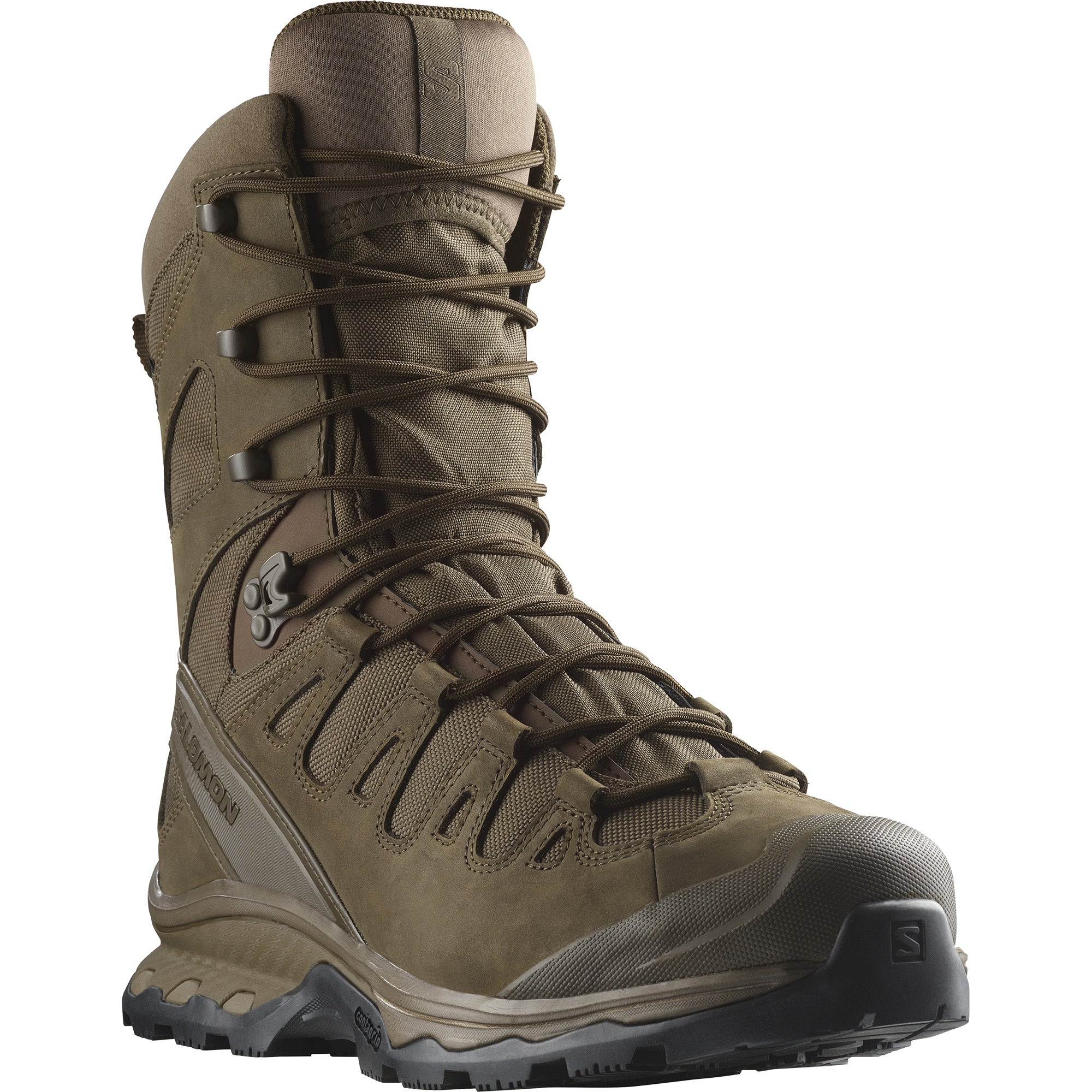 Front toe view of the Salomon FORCES Quest 4D 2 High GTX in Earth Brown showing the reinforced toe cap, durable tactical upper, and waterproof GORE TEX design engineered for military operations, rugged mountain terrain, extended rucking, and high support field missions.