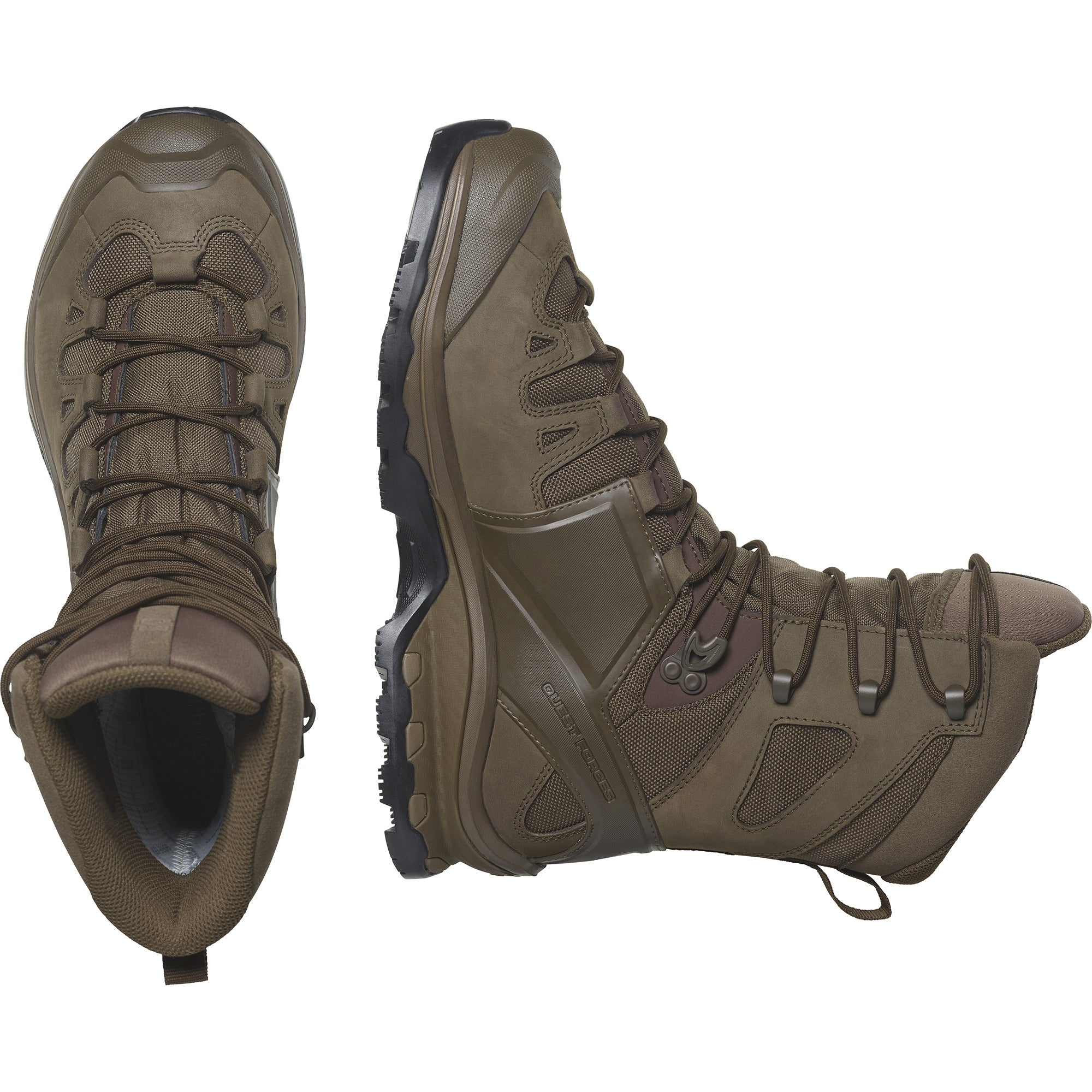 Pair view of the Salomon FORCES Quest 4D 2 High GTX in Earth Brown showing the waterproof GORE TEX construction, high cut ankle support, and 4D Advanced Chassis stability built for military operations, rugged terrain, extended rucking, and assault missions.