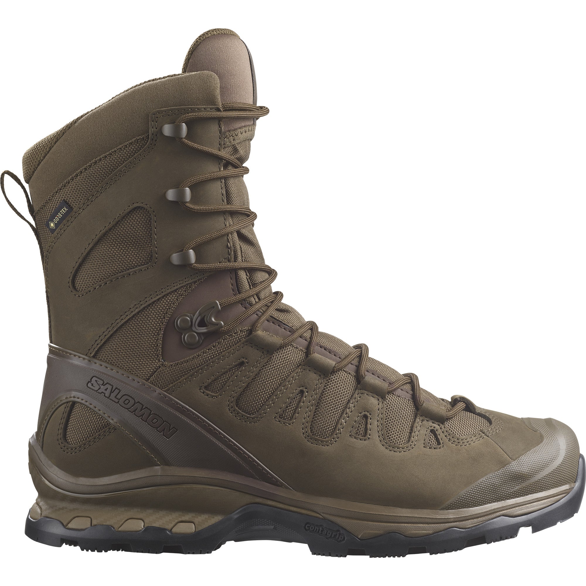 Product shot of the Salomon FORCES Quest 4D 2 High GTX in Earth Brown showing the waterproof GORE TEX tactical mountain boot with 4D Advanced Chassis stability built for military operations, rugged terrain patrols, extended rucking, and high support field missions.