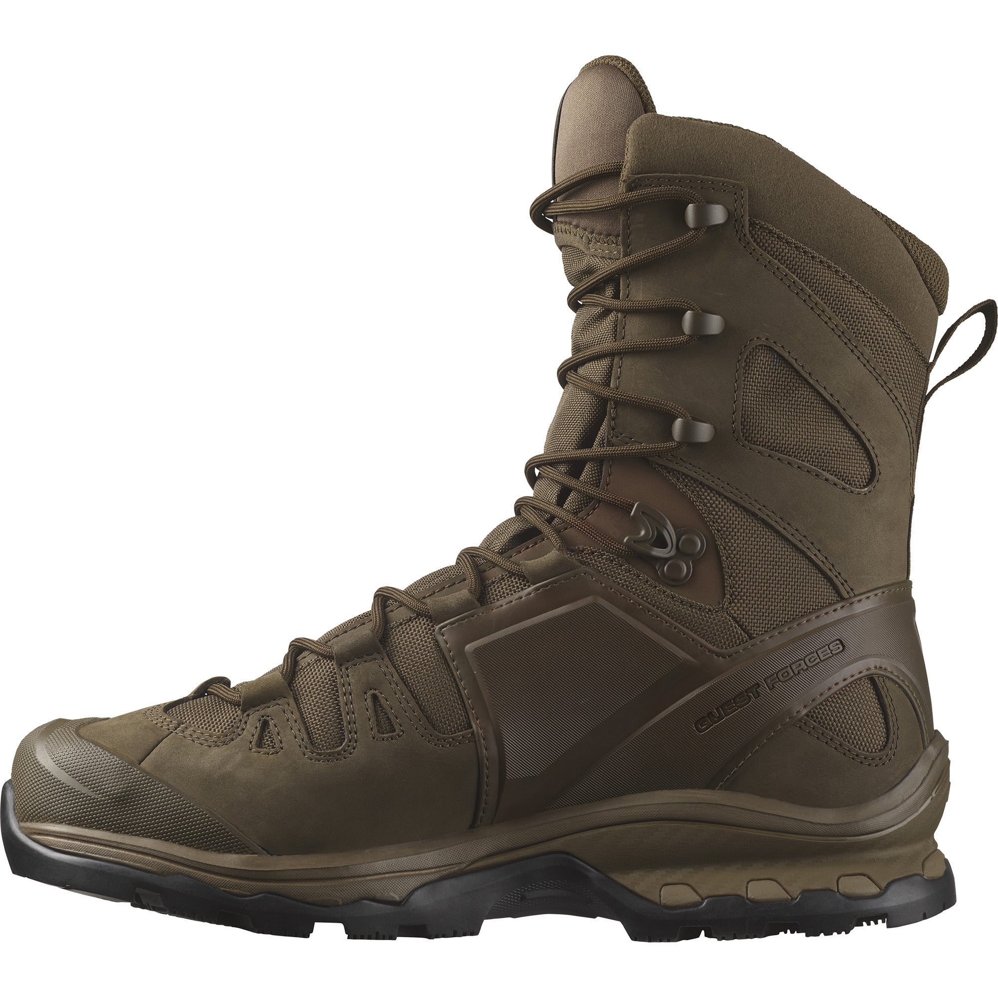 Side view of the Salomon FORCES Quest 4D 2 High GTX in Earth Brown showing the waterproof GORE TEX upper, 4D Advanced Chassis stability system, and high cut ankle support built for military operations, rugged mountain terrain, extended rucking, and demanding field missions.