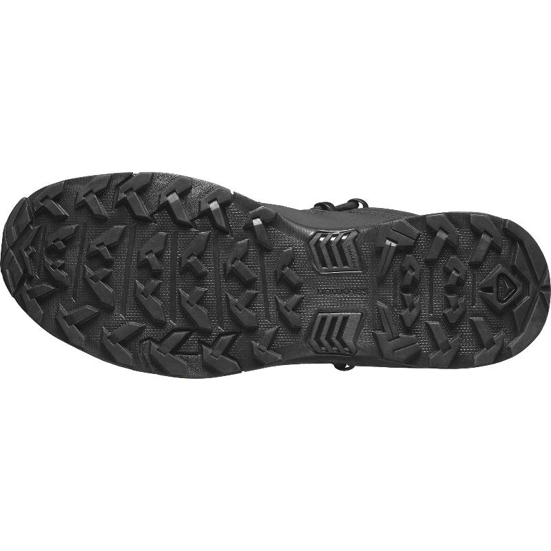Outsole view of the Salomon FORCES X Ultra Mid Black showing the aggressive All Terrain Contagrip sole engineered for military operations, law enforcement duty, mountain trekking, and rugged tactical movement with maximum grip and stability.