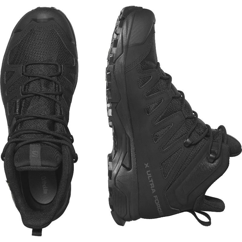 Pair view of the Salomon FORCES X Ultra Mid Black boots showing the lightweight tactical design, Advanced Chassis stability, and All Terrain Contagrip traction built for military operations, law enforcement patrol, mountain trekking, and rugged urban movement.