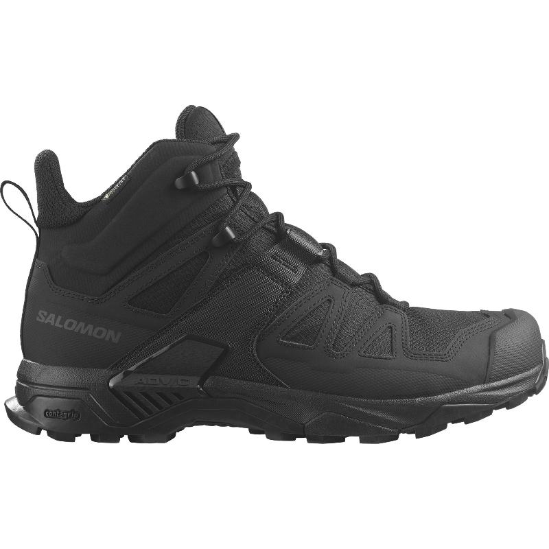 Product shot of the Salomon FORCES X Ultra Mid in Black showing the tactical hybrid boot with Advanced Chassis stability, All Terrain Contagrip outsole, and trail runner agility built for low vis and high tempo missions.