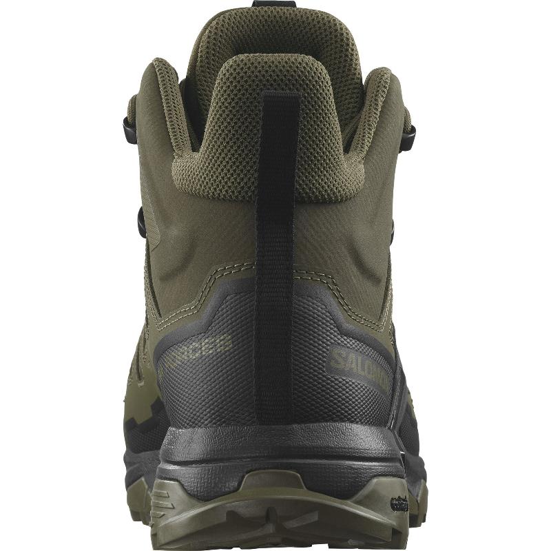 Back heel view of the Salomon FORCES X Ultra Mid in Ranger Green showing the reinforced heel counter, non reflective tactical materials, and Advanced Chassis stability built for military operations, law enforcement duty, mountain trekking, and rugged outdoor missions.