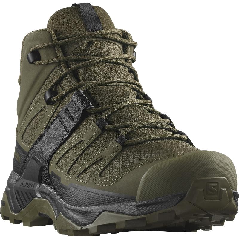 Front toe and forefoot view of the Salomon FORCES X Ultra Mid in Ranger Green showing the reinforced toe cap, breathable tactical upper, and secure lace system built for military operations, law enforcement use, mountain trekking, and rugged urban movement.