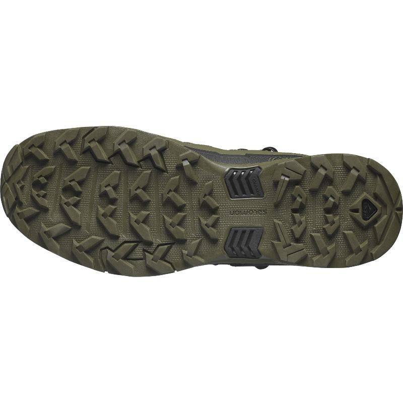 Outsole view of the Salomon FORCES X Ultra Mid in Ranger Green showing the aggressive All Terrain Contagrip sole engineered for military operations, law enforcement use, mountain trekking, and rugged tactical movement with maximum grip and stability.