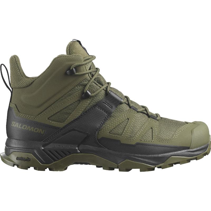 Product shot of the Salomon FORCES X Ultra Mid in Ranger Green showing the lightweight tactical boot with Advanced Chassis stability, non reflective materials, and All Terrain Contagrip traction built for military operations, law enforcement patrol, mountain trekking, and rugged outdoor missions.