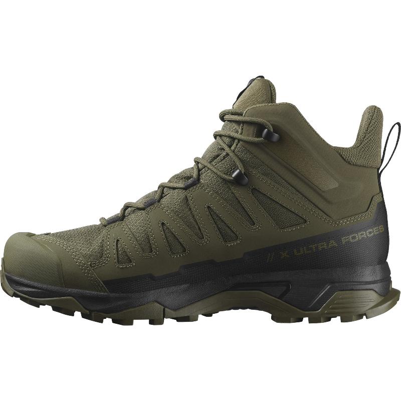 Side view of the Salomon FORCES X Ultra Mid in Ranger Green showing the supportive Advanced Chassis design, breathable tactical upper, and durable non reflective materials built for military operations, law enforcement patrol, mountain trekking, and rugged outdoor missions.