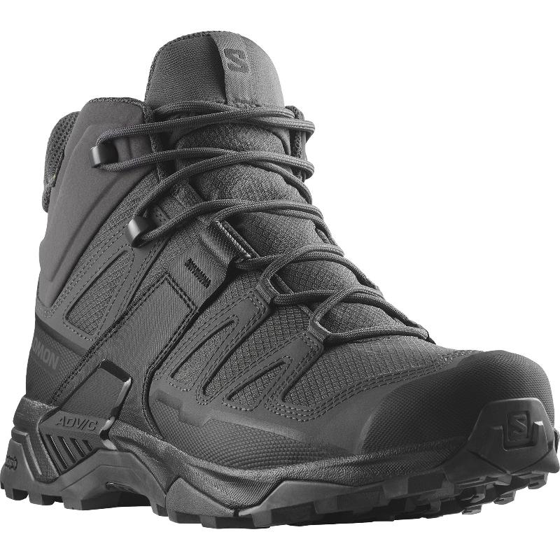 Front toe and forefoot view of the Salomon FORCES X Ultra Mid in Wolf Grey showing the reinforced toe cap, breathable tactical upper, and secure lace system built for military operations, law enforcement duty, mountain trekking, and rugged urban movement.