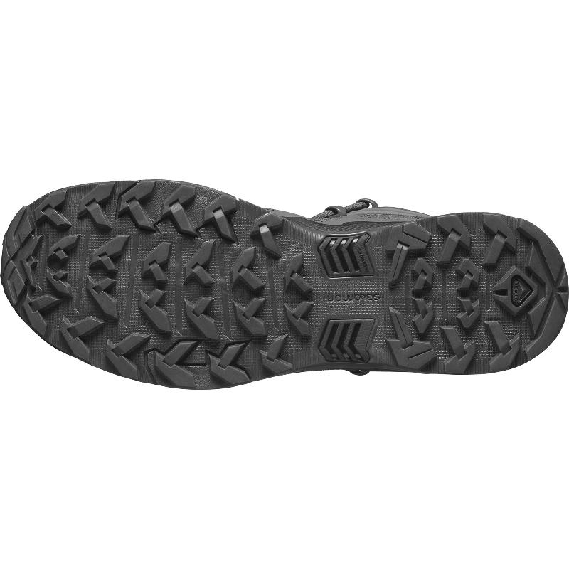 Outsole view of the Salomon FORCES X Ultra Mid in Wolf Grey showing the aggressive All Terrain Contagrip sole engineered for military use, law enforcement duty, mountain trekking, and rugged tactical movement with maximum grip and stability.