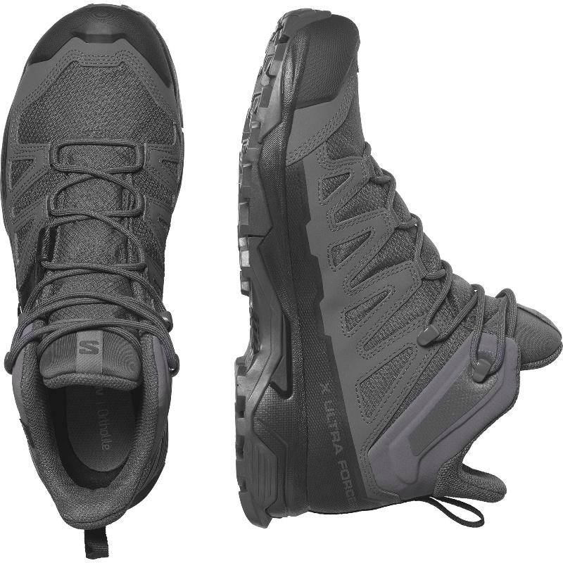 Pair view of the Salomon FORCES X Ultra Mid in Wolf Grey showing the lightweight tactical design with Advanced Chassis stability and All Terrain Contagrip traction built for military operations, law enforcement patrol, mountain trekking, and rugged outdoor movement.